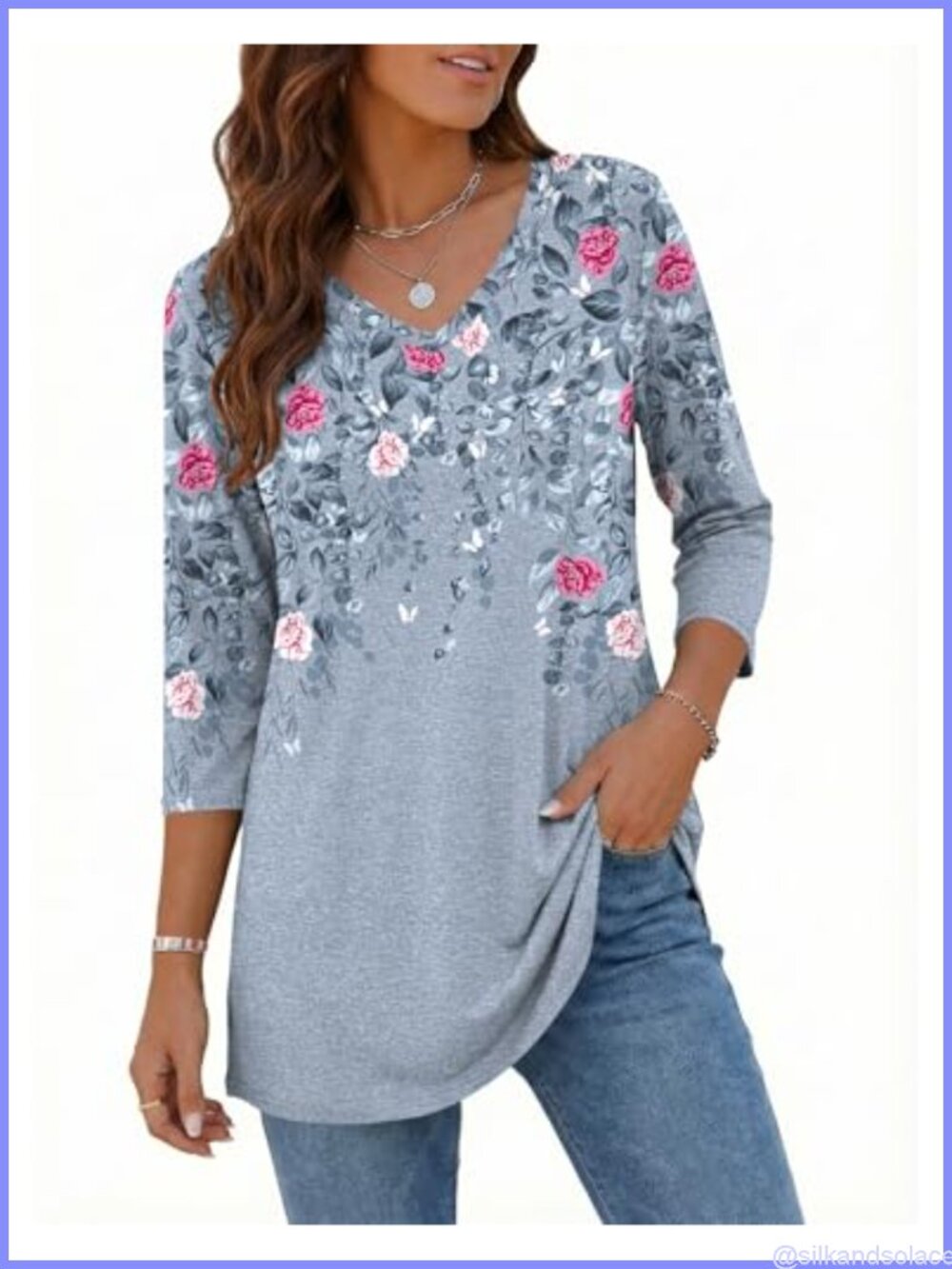 Women's Loose Fit Tunic Top 3/4 Sleeve V-Neck Dressy Flowy